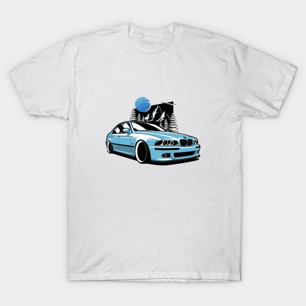 Blue E39 Classic Saloon In Mountains T-Shirt by KaroCars